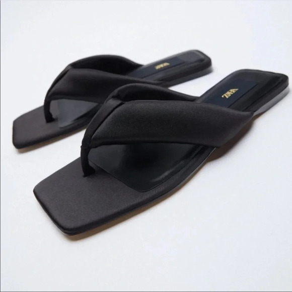 Zara Black Square Toe Quilted Slides Thong Sandals Flip Flop Summer - Picture 1 of 12